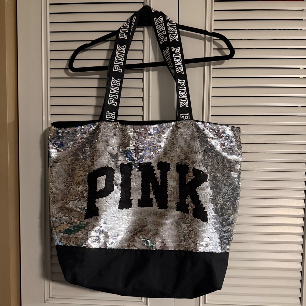 Victorias Secret PINK Silver Sequin Large Zip Tote Weekender Bag Black Y2K